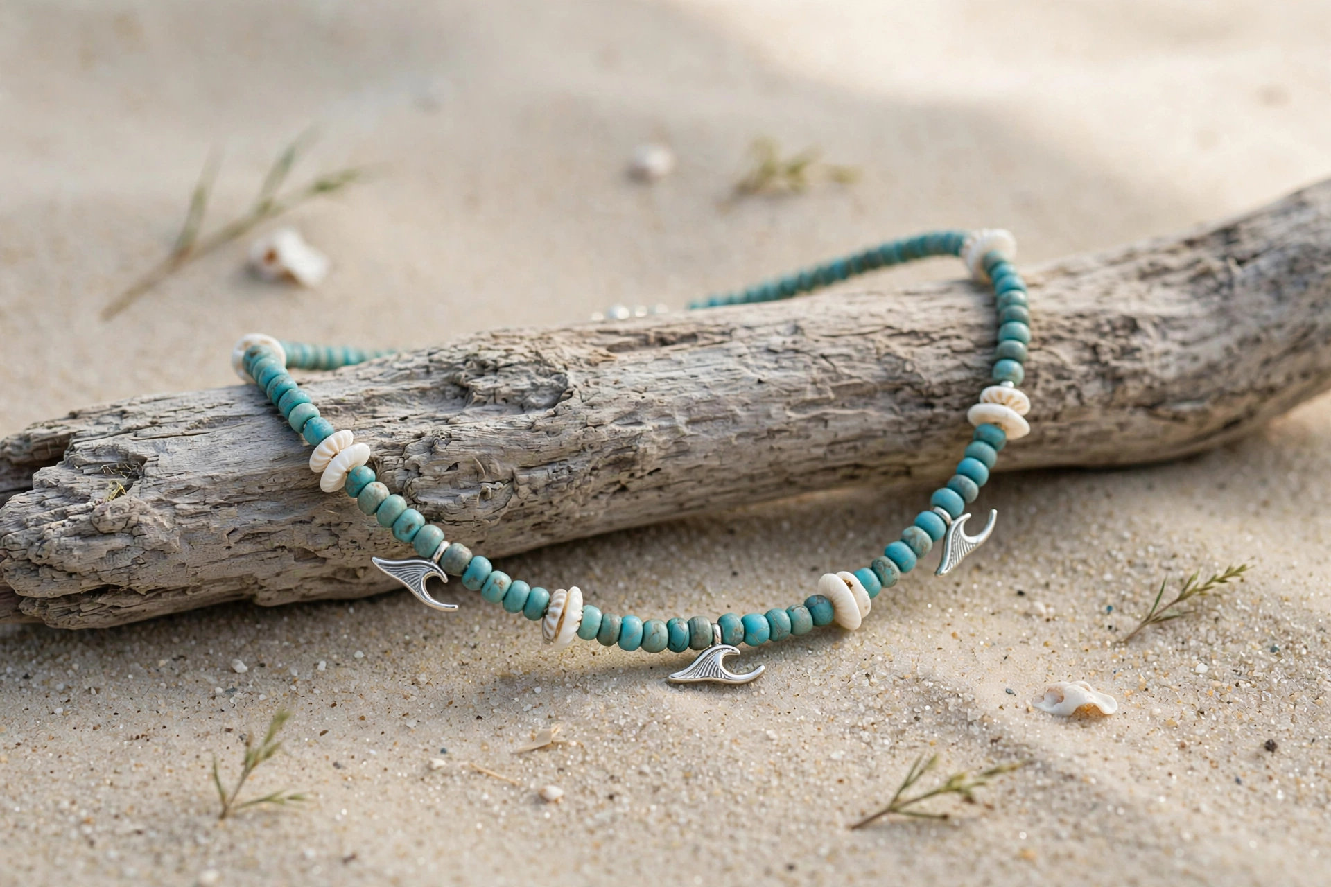 Shell bead anklet with wave charms