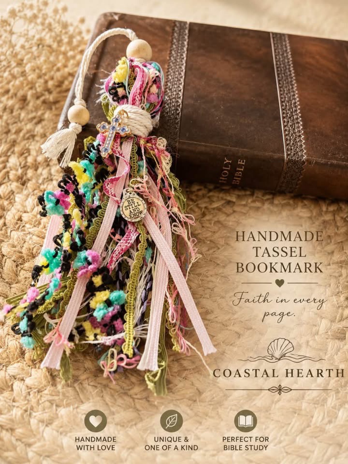 Colorful tassel bookmark with cross charm