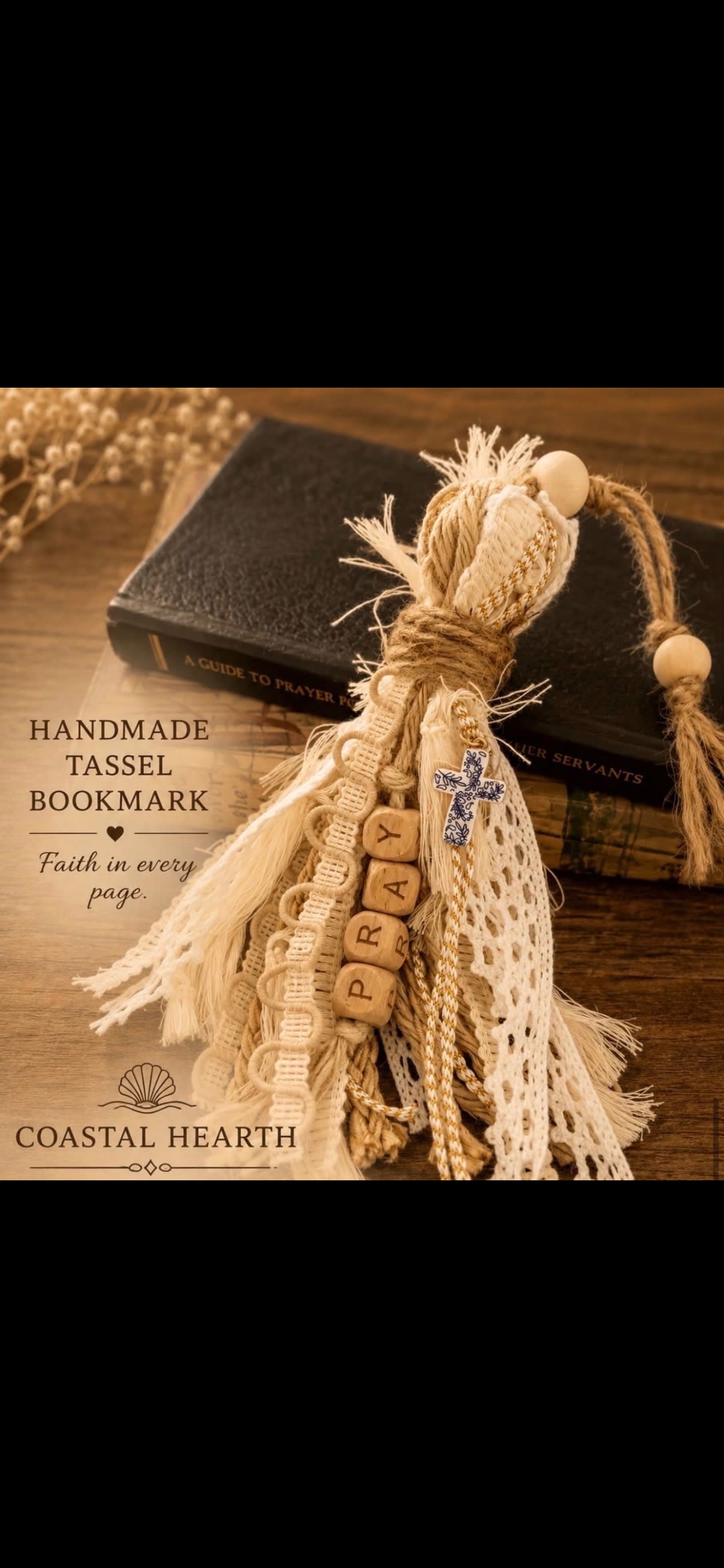Handmade tassel bookmark with PRAY beads and cross
