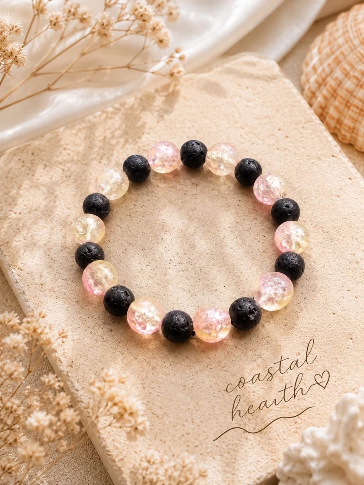Lava stone and pink crystal bracelet
