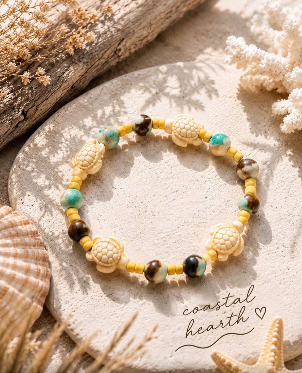 Sea turtle charm bracelet with turquoise beads